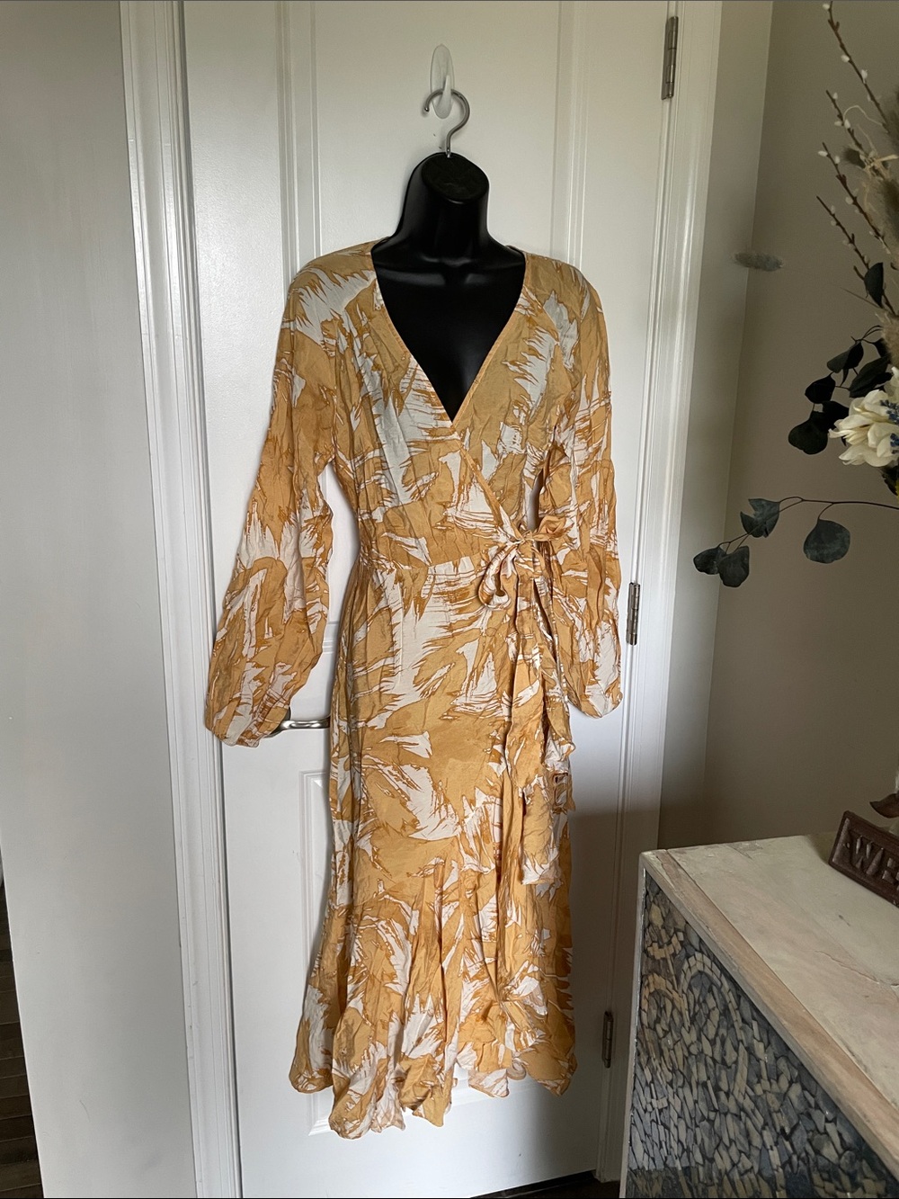 H&M Mustard and White Floral Wrap high low Dress sz small